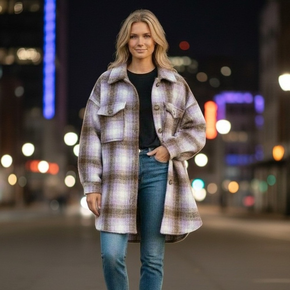 Bagatelle Womens Plaid Shacket M Purple Brown Oversized Flannel Fall Jacket Coat